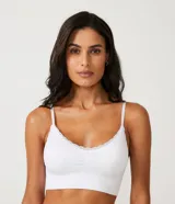 Soutien blanco de microfibra, estilo top alargado, con encaje en el escote, sin costuras, sin aro y con copas removibles.