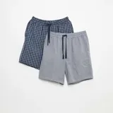 Pack de dos shorts de pijama para hombre, de corte recto, con cintura elástica y cordón ajustable. Uno de los shorts es de diseño a cuadros grandes en tonos azul marino y blanco, y el otro presenta un estampado de vichy en azul y blanco. Ambos cuentan con bolsillos laterales.