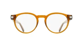 Armazón de anteojos recetados Ferragamo, modelo 3045, con marco redondo de acetato en color ámbar translúcido y detalles metálicos en las bisagras.