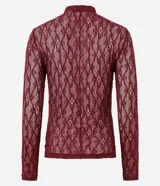 Blusa de encaje negra con cuello alto, manga larga y cuerpo ajustado. Presenta una transparencia leve y un acabado continuo en encaje.