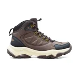 Bota de trekking Hi-Tec color marrón con detalles en negro, cordones redondos, ojales metálicos y suela de goma gruesa.