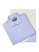 Camisa de manga larga RKF modelo Wf Pc, color celeste con sutiles rayas verticales, de corte regular. Cuenta con cuello clásico, cierre frontal de botones, bolsillo en el pecho con el logo bordado y acabado resistente a las arrugas.