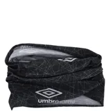Bufanda tubular tipo buff de la marca Umbro, color negro con estampado geométrico de líneas finas blancas y logo de la marca en contraste.