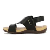 Sandalia casual de mujer con dos tiras y pulsera al tobillo con cierre ajustable. Presenta capellada de cuero negro, plantilla acolchada y suela tipo corcho con base marrón antideslizante.