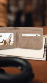 Billetera de cuero sintético color marrón oscuro, con diseño plegable y detalle de banda elástica decorativa con rayas horizontales en tonos beige y blanco en la parte frontal.