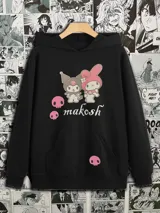 Canguro negro con capucha y bolsillo delantero, estampado con los personajes de Sanrio My Melody y Kuromi, y calaveras rosas.