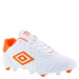 Championes de fútbol Umbro modelo Touch FG, diseñados para césped natural. Presentan un diseño en color blanco con detalles en naranja vibrante, incluyendo el logo de la marca en el lateral, el interior y los tacos. Confeccionados en material sintético resistente con costuras reforzadas en la puntera para mayor durabilidad y control del balón.