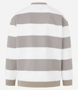 Buzo de algodón y poliéster con cuello redondo y mangas largas. Diseño a rayas horizontales en color blanco y gris. Puños y bajo acanalados.