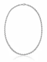 Collar tipo cadena de acero color plateado, con diseño de eslabones entrelazados estilo cuerda o turbillón y cierre de mosquetón.