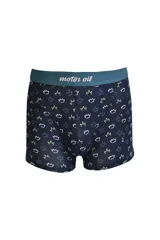 Boxer de algodón con estampado de coronas en tonos blanco, verde y azul sobre fondo azul marino. Cuenta con cintura elástica ancha en color azul petróleo con el logo de la marca estampado.