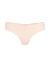 Panty tipo colaless de microfibra color beige, de tiro bajo y diseño sin costuras con acabado invisible bajo la ropa.
