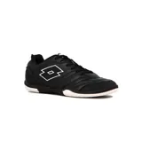 Championes de fútbol sala Lotto modelo Napoles ID, color negro con detalles en blanco. Presentan un diseño clásico con costuras reforzadas en la puntera para mayor durabilidad y suela de goma antideslizante diseñada para superficies de interior.