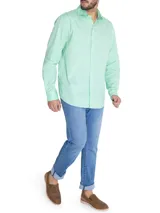 Camisa de manga larga de algodón orgánico color verde menta RKF, con cuello italiano y logo bordado en el pecho.