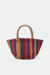 Mini bolso ovalado de yute 100%, con diseño de rayas multicolor y asas de mano redondas revestidas.
