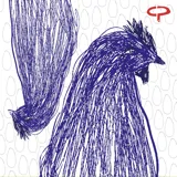 Pañuelo cuadrado con estampado artístico de trazos lineales en color azul sobre fondo blanco, con diseño de gallos y motivos de huevos. Pieza versátil que puede utilizarse como accesorio para el pelo, cuello, cintura o como prenda.