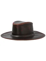 Sombrero de cuero marrón estilo australiano, hecho a mano, con ojales metálicos laterales para ventilación y una cinta decorativa alrededor de la copa.