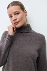 Polera de cuello alto en mezcla de cashmere, color marrón chocolate, con diseño de punto liso y costuras verticales decorativas en el frente.