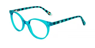 Armazón de acetato color celeste con forma redondeada y detalles en azul y negro en las patillas. Incluye el logo de Barbie en dorado en el lateral.