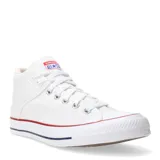Championes Converse modelo Chuck Taylor Tremont Street Mid, de corte medio, confeccionados en lona blanca con suela de goma y detalles en rojo y azul.
