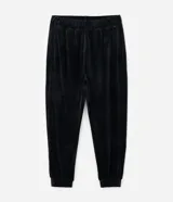 Pantalón jogger de plush color negro, con cintura elástica, bolsillos laterales y puños ajustados en los tobillos.