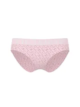 Bombacha hiphugger de microfibra rosa con estampado integral de monogramas y cintura elástica blanca con el logo de la marca en contraste.