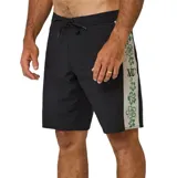 Boardshort Rivvia Disclosure modelo Wallflower de 19 pulgadas, color negro con una franja lateral en tono beige que presenta un estampado floral en verde y un logo bordado. Cuenta con cordón ajustable en la cintura.