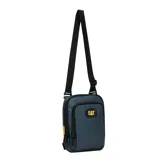 Bandolera Caterpillar Voyager Shoulder Bag de color gris oscuro, con diseño compacto de textura romboidal y correa ajustable negra. Cuenta con bolsillo frontal con cierre y parche con el logo de la marca en amarillo.