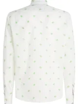 Camisa de corte regular confeccionada en popelín de puro algodón, con cuello de botones y estampado integral del monograma TH en color verde a contraste sobre fondo blanco.