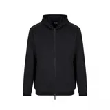 Campera con capucha EA7 Emporio Armani, color negro, con cierre frontal y bolsillos laterales. Presenta detalles de strass en las mangas y logo de la marca bordado en el pecho.