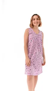 Camisón corto sin mangas de color lila con estampado floral. Presenta escote en V con detalle de puntilla y botones frontales.