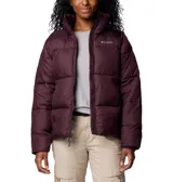 Campera tipo puffer de la marca Columbia, color bordó, con cierre frontal completo, cuello alto con protector de mentón, bolsillos laterales con cierre y puños elásticos.