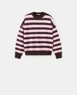 Jersey de punto con diseño de rayas horizontales en color marrón y rosado, de cuello redondo y manga larga.