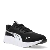 Championes de running Puma modelo Flex Focus Lite Modern, color negro con detalles en blanco. Presentan una parte superior de malla transpirable, entresuela de espuma Pumalite para una amortiguación ultraligera y plantilla SoftFoam+ para mayor confort.
