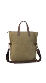 Cartera tipo tote bag combinada en tela canvas gris y detalles en cuero sintético color suela. Cuenta con doble asa de mano, correa larga ajustable y extraíble, cierre superior y bolsillo frontal. Incluye compartimento interno para notebook.