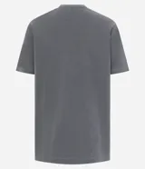 Remera de algodón negro con cuello redondo y mangas cortas, con estampa frontal inspirada en la banda Kiss y detalles de strass.