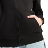 Campera deportiva Puma modelo Essentials Full Zip de color negro, con capucha, cierre frontal completo, bolsillos tipo canguro y el logo de la marca bordado en blanco en el pecho.