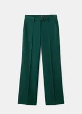 Pantalón de vestir tiro medio color verde oscuro, de corte recto y largo, con trabillas para cinturón y cierre oculto.