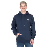 Canguro azul marino con capucha y cordones ajustables, bolsillo tipo canguro y logo de la marca estampado en el pecho y en la manga izquierda.