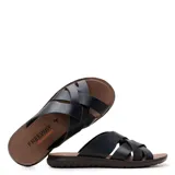 Sandalias de hombre Freeway modelo Horizon 3, color negro, con tiras de cuero cruzadas y plantilla marrón texturada.