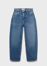 Pantalón de jean estilo barrel con diseño balloon, tiro alto y cinco bolsillos. Cuenta con cierre frontal de cremallera y botón, y trabillas en la cintura.