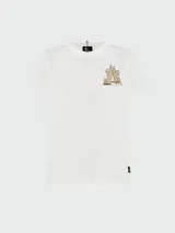 Remera de algodón blanca con cuello redondo y manga corta. Presenta un parche bordado en el pecho con el logo de Moncler Grenoble en tonos tierra.