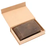 Billetera marrón de cuero natural con clip magnético para billetes y tecnología RFID.