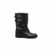 Bota alta de cuero sintético negro, con diseño slouchy de caña ancha y dos tiras ajustables con hebillas metálicas en la parte superior.