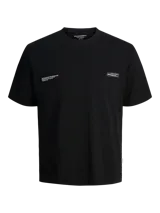 Remera negra de manga corta y cuello redondo, con un estampado gráfico en la espalda que muestra una escena urbana con edificios y texto que incluye "Metropolitan Scenes 1990" y el logo "JACK&JONES WORLDWIDE".