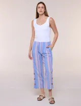 Pantalón de algodón rústico con diseño a rayas en tonos celestes y rosados, tiro medio con cintura elástica, bolsillos laterales y aberturas en el ruedo con detalles de botones.