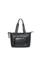 Bolso shopper color verde con bolsillo frontal marrón con cierre.