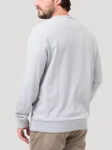 Buzo de algodón orgánico color gris melange, de diseño clásico con cuello redondo, manga larga y terminaciones en rib. Cuenta con un pequeño parche bordado con forma de pato en el pecho.