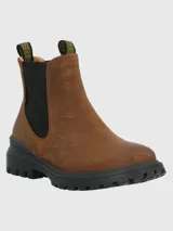 Bota tipo Chelsea de cuero descarne color marrón, con paneles laterales elásticos negros y suela de goma dentada negra con tecnología de amortiguación.