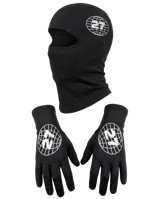 Combo de pasamontañas y guantes negros con estampa circular blanca que incluye el número 27 y un diseño de globo terráqueo.