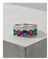Anillo de plata con incrustaciones de piedras naturales multicolores y pavé de zirconias.